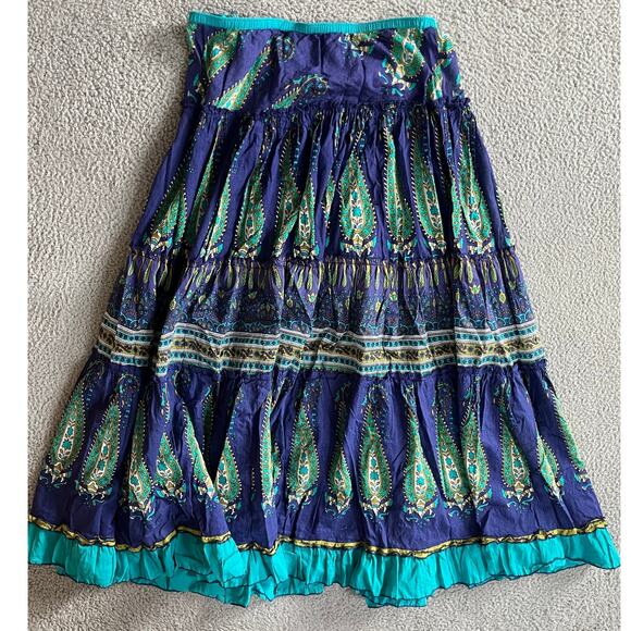 dressbarn Dresses & Skirts - Dressbarn Midi Skirt Medium Paisley Stretch A-Line Navy Blue Boho Beach Hippie